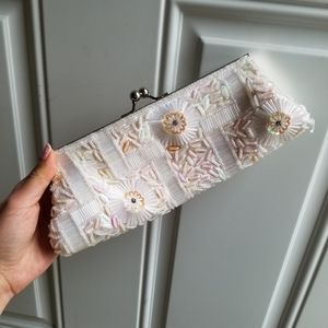 Beaded Sequin Ivory White Iridescent Clutch